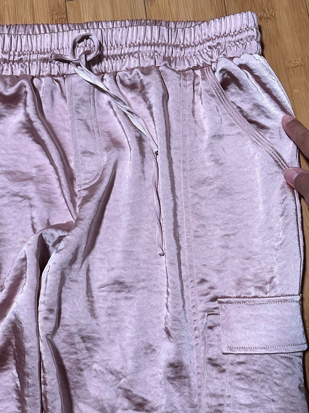Seleste Drawstring Jogger Pants Pink Satin Cargo Pockets Ankle XL